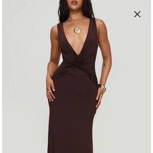 Princess Polly Deep V-Neck Brown Maxi Dress